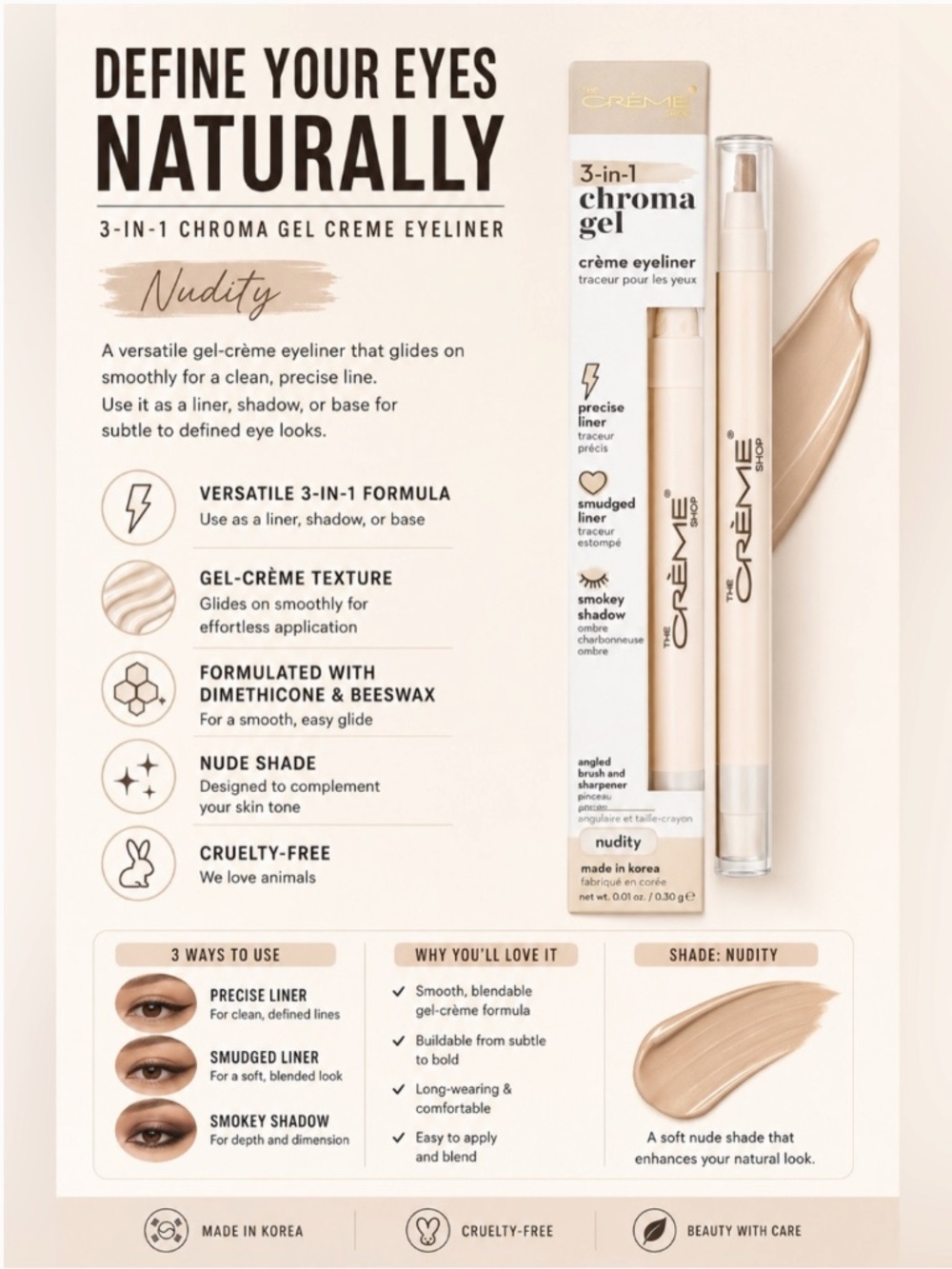New The Crème Shop 3-in-1 Chroma Gel Crème Eyeliner – Nudity